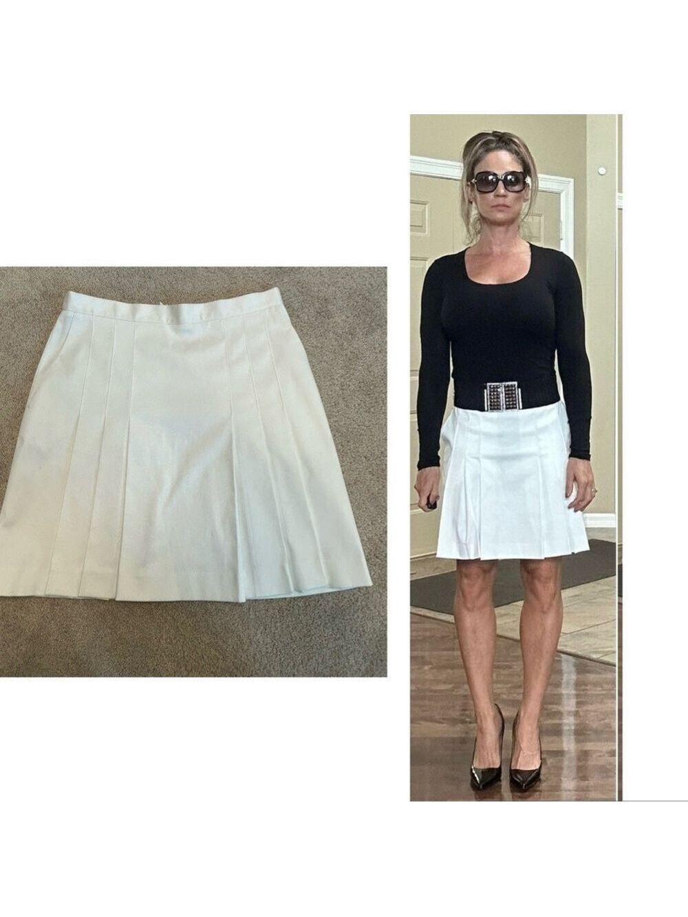 Holt Renfrew white pleated mini skirt pockets Sz 8
